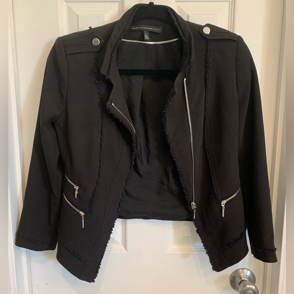 Size 0 White House Black Market Cropped Jacket with Zippers Frayed Trimming
